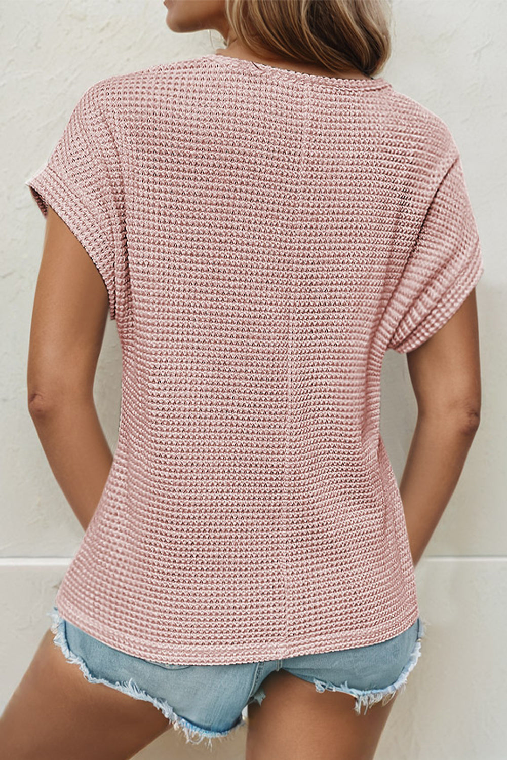 Light Pink Lace Patchwork Waffle Short Sleeve Top