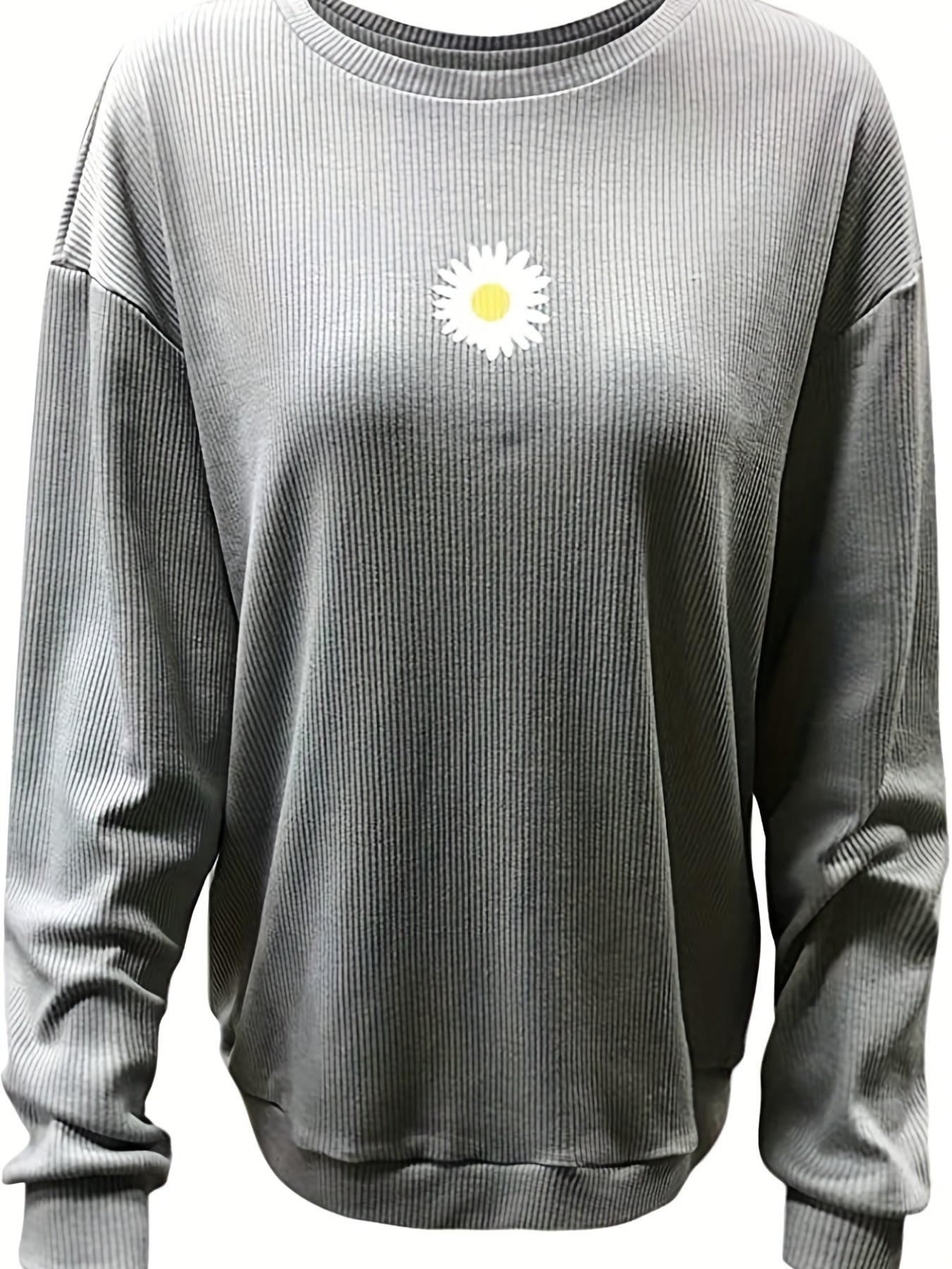 Drop Shoulder Floral Print T-Shirt, Casual Crew Neck Long Sleeve T-Shirt