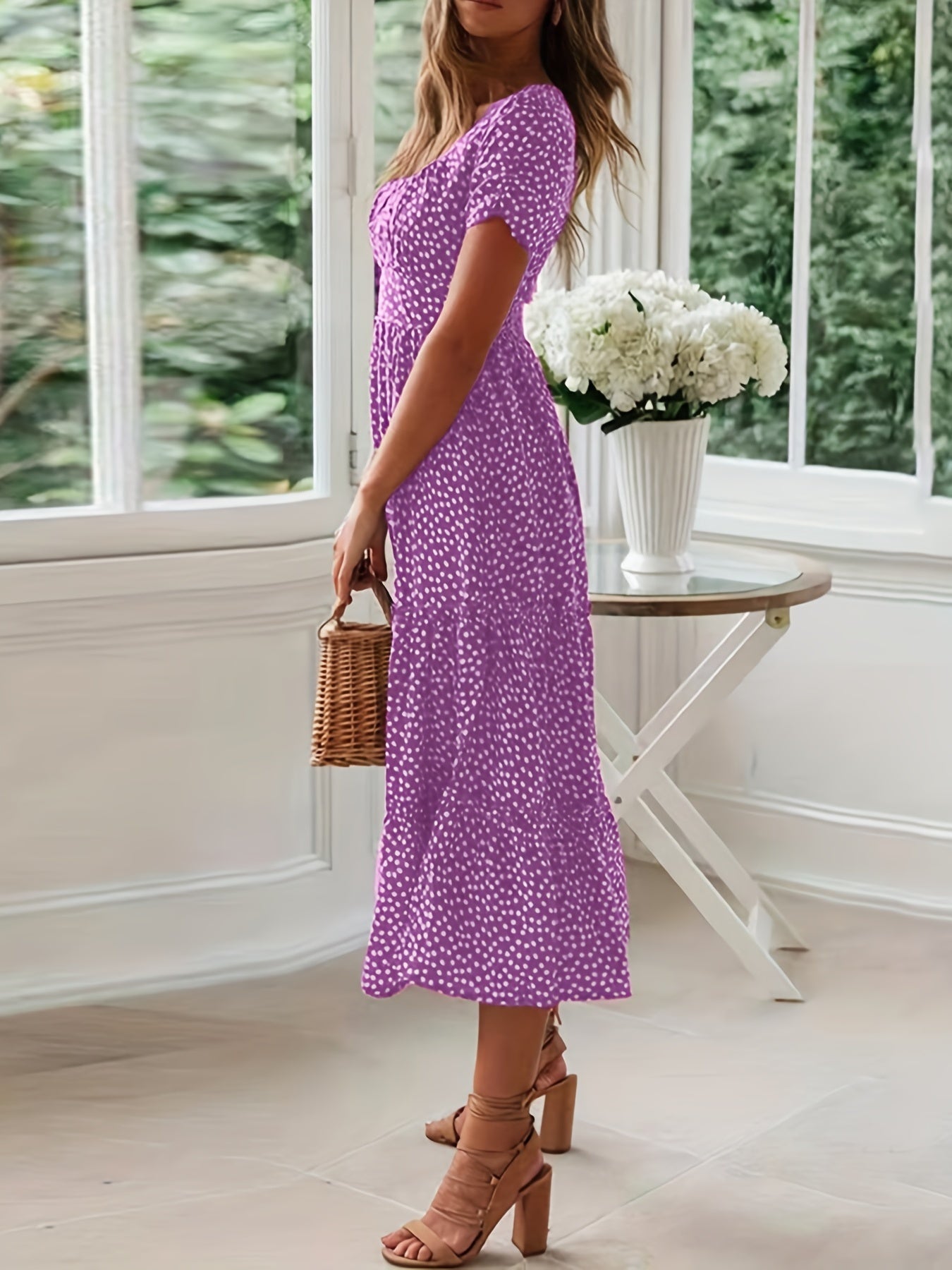 Polka Dot Ruffle Hem Dress, Casual Square Neck Short Sleeve Dress