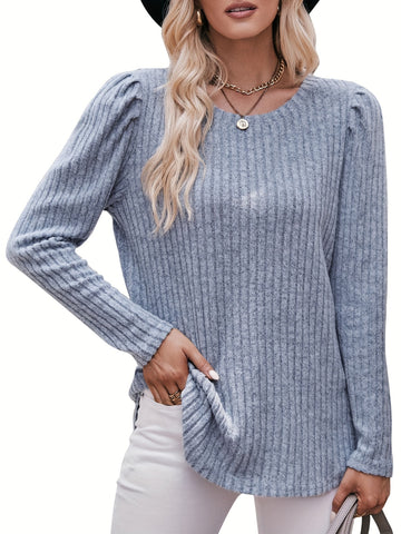 Ribbed Crew Neck T-Shirt, Casual Long Sleeve Top