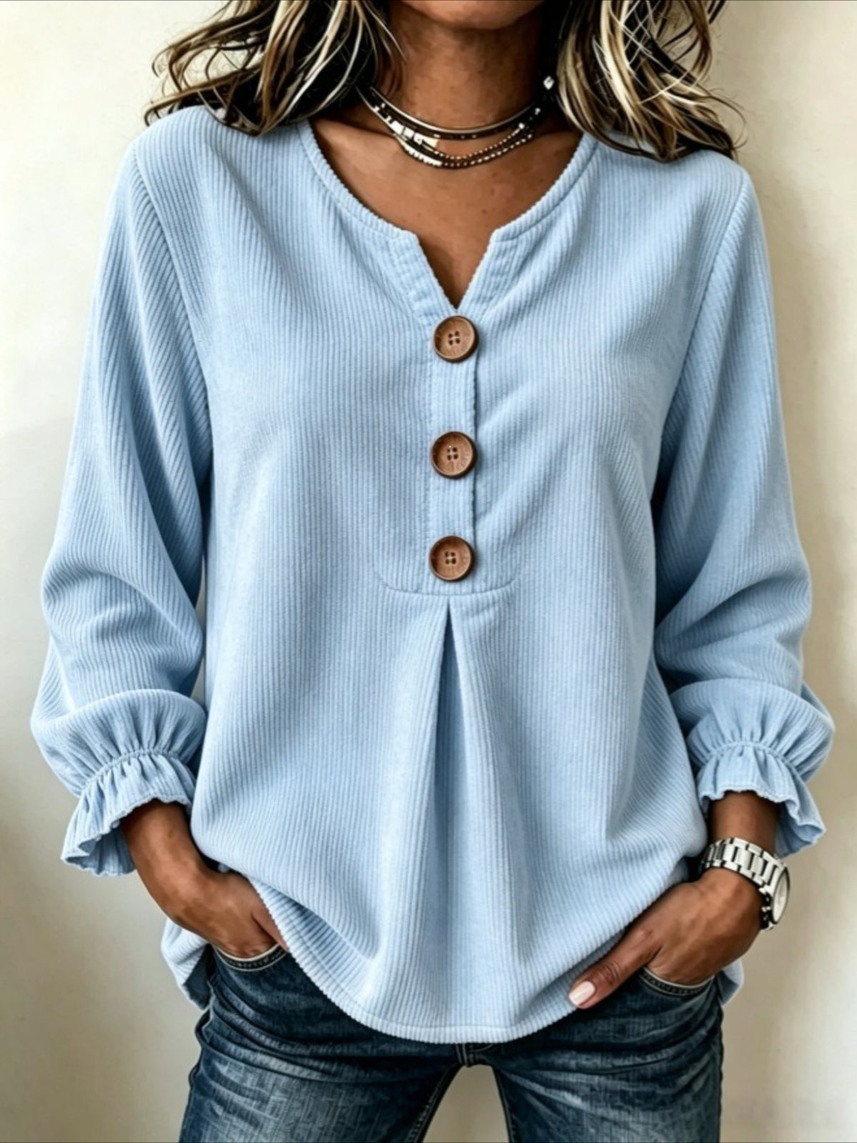 V Neck Corduroy Button-up Ruffle Long Sleeve Shirt