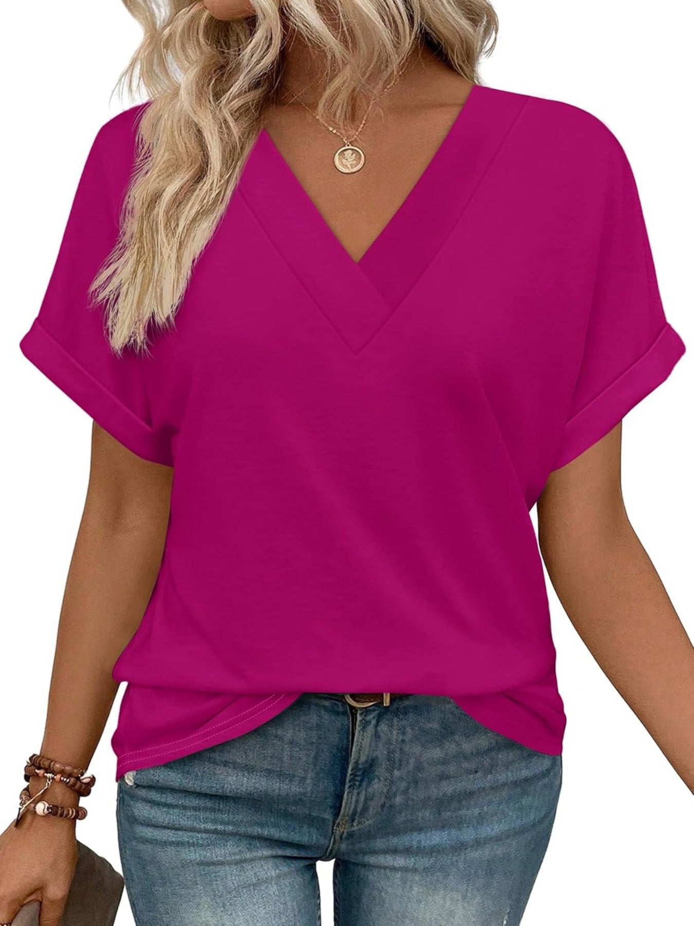 Solid Color V Neck Short Dolman Sleeve Shirts