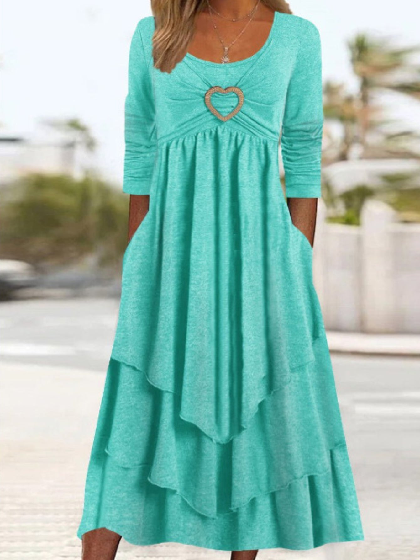 Women's Plain Long Sleeve Layered Heart Ring Decor Round Neck Maxi Dress