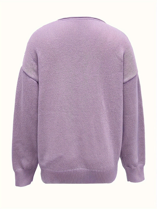 Solid Color V Neck Sweater, Casual Long Sleeve Sweater
