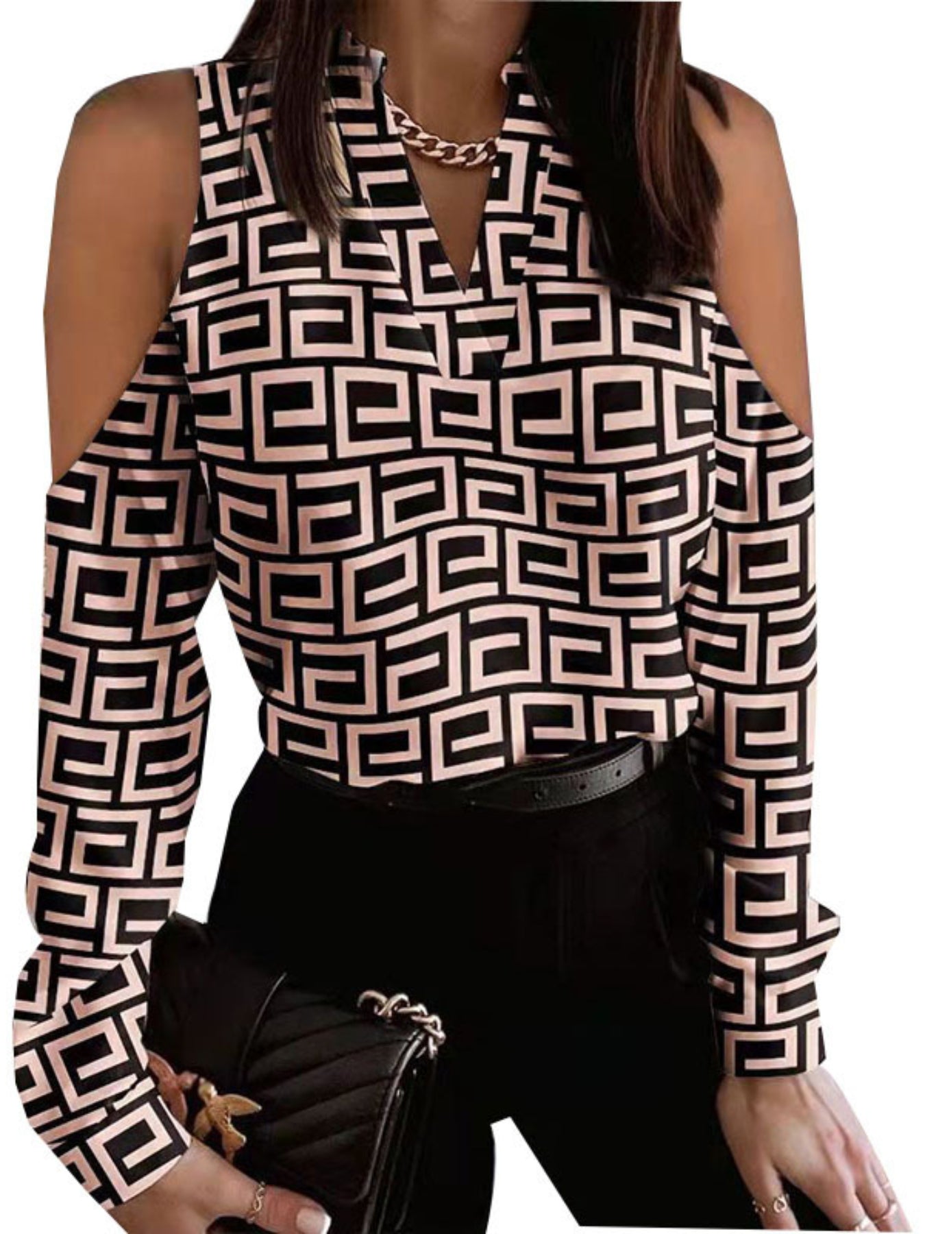 Heart Print Cold Shoulder Blouse, Casual V Neck Long Sleeve Blouse