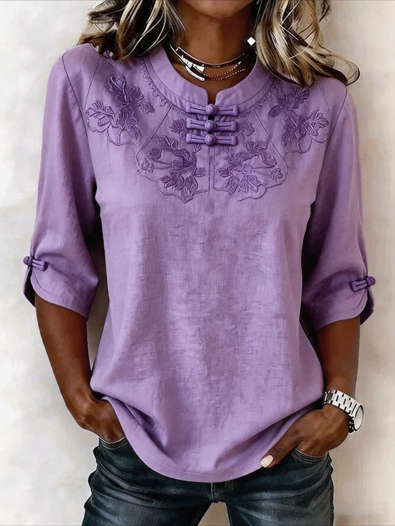 Printed Half Sleeve Floral Buckle Mandarin Collar Blouse