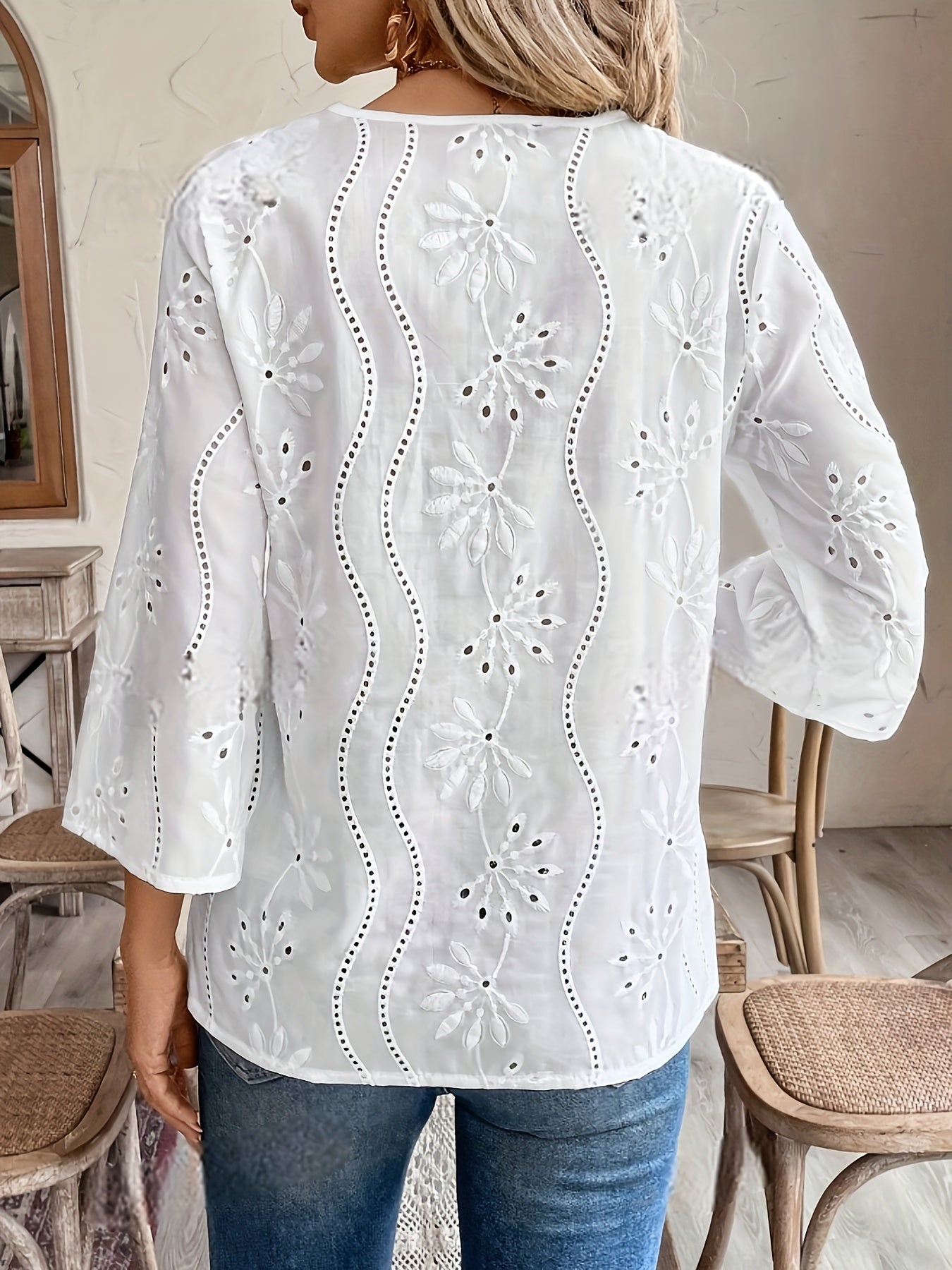 Chic Eyelet Notched Neck Blouse - Elegant 3/4 Sleeve Solid Color Top with Classic Fit