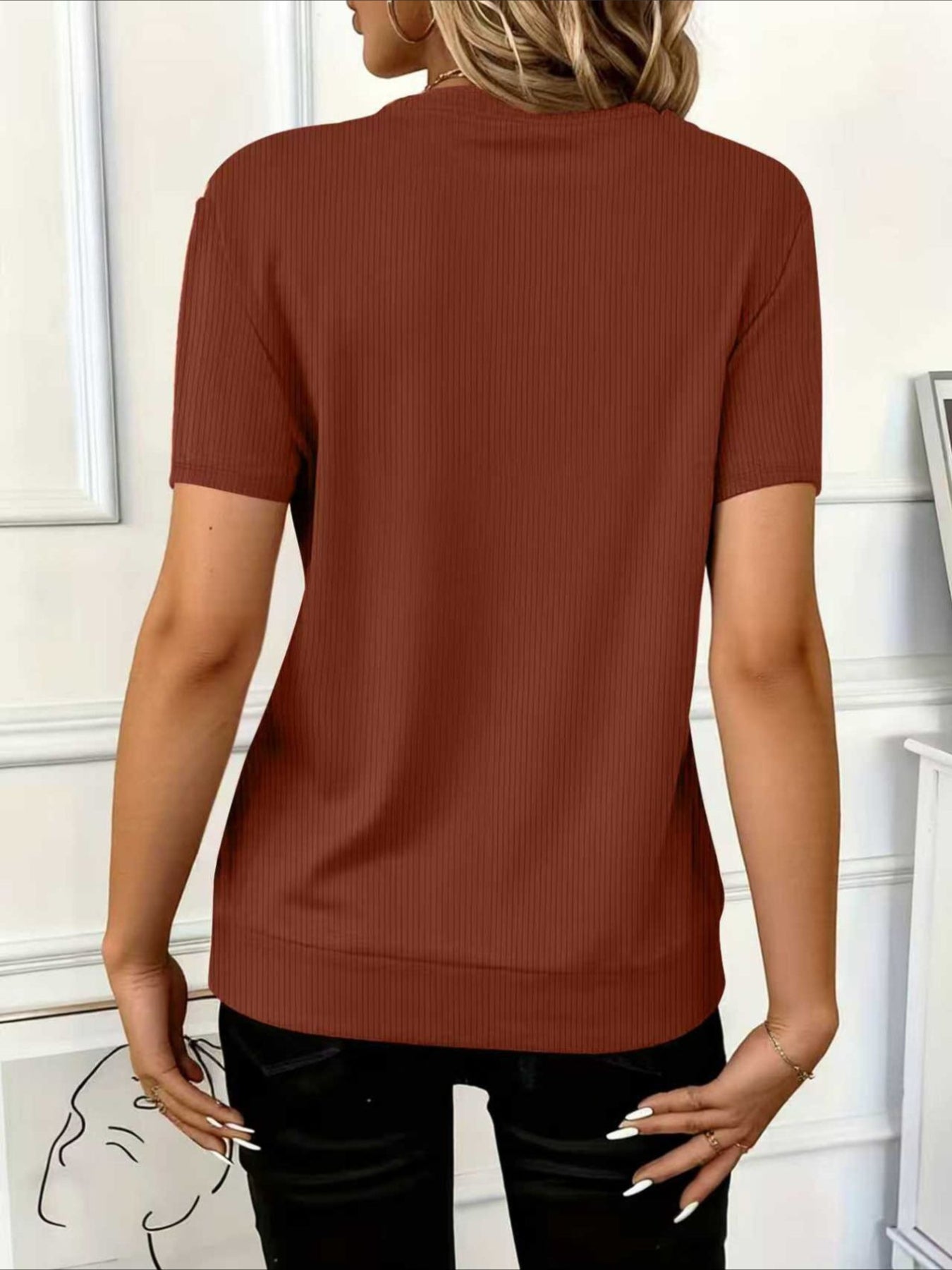 Waffle Texture Zipper Short Sleeve Round Neck T-Shirt