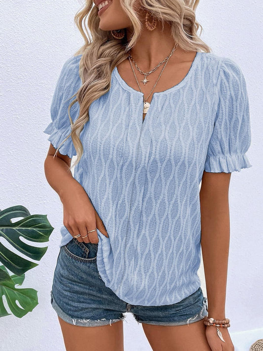 Solid Notched Neck Puff Sleeve Blouse
