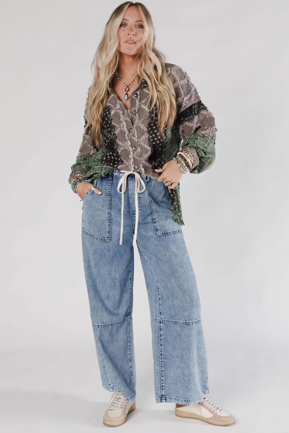 Ashleigh Blue Acid Wash Exposed Seam Drawstring Elastic Waistband Jeans