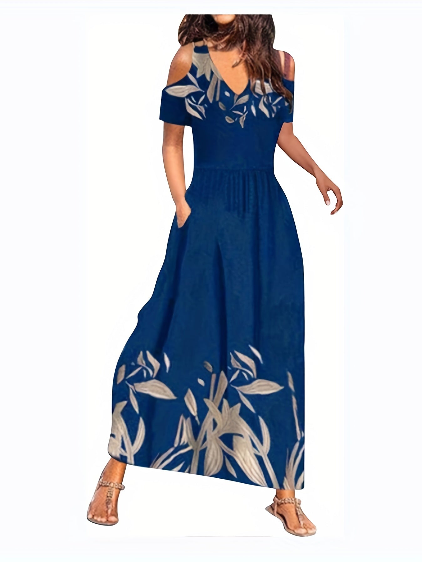 Floral Print Cold Shoulder Dress, Boho Casual V Neck Short Sleeve Ankle Dress