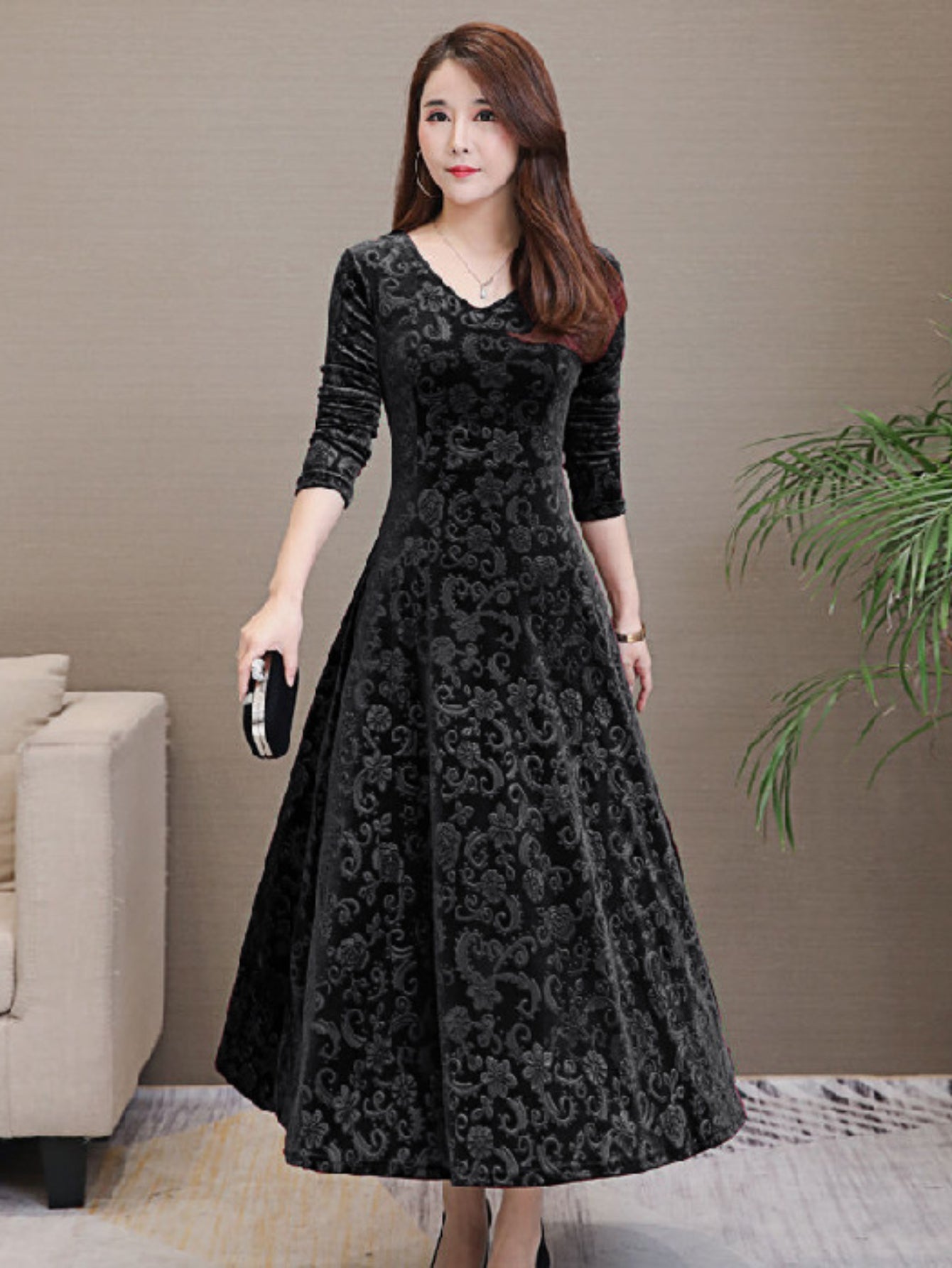 Solid Color Long Sleeve Dress, Elegant V Neck Flared Dress