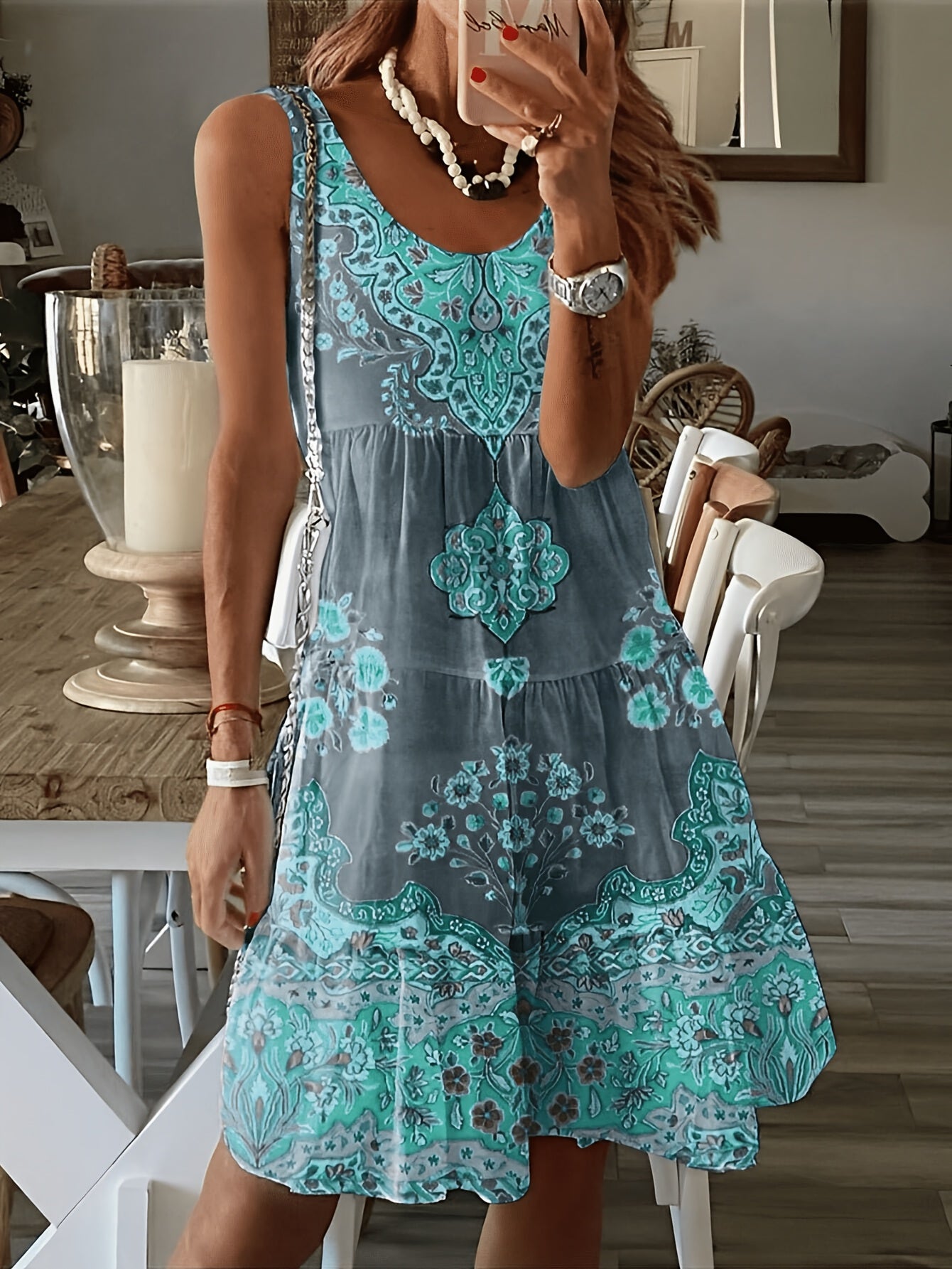 Floral Print Ruched Tank Dress, Vacation Style Sleeveless Crew Neck Dress