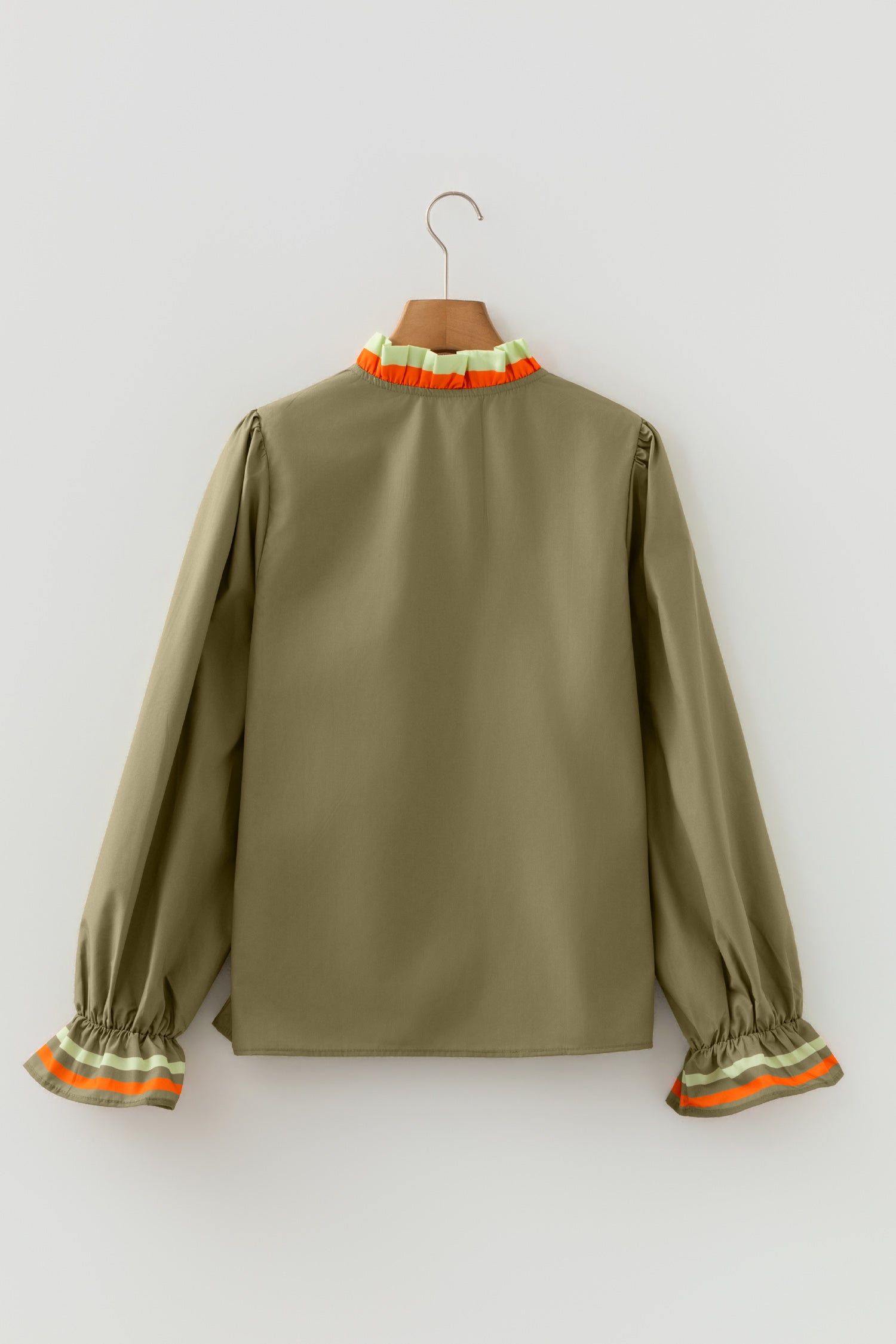 Four Leaf Clover Striped Trim Ruffle Split Neck Long Sleeve Blouse