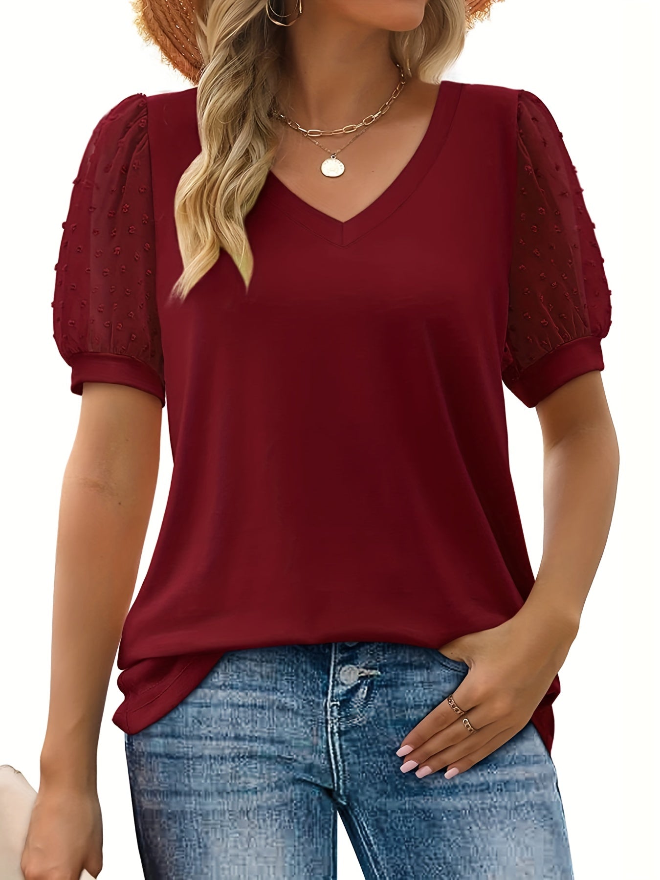 Swiss Dot Mesh V Neck T-Shirt, Casual Short Sleeve T-Shirt
