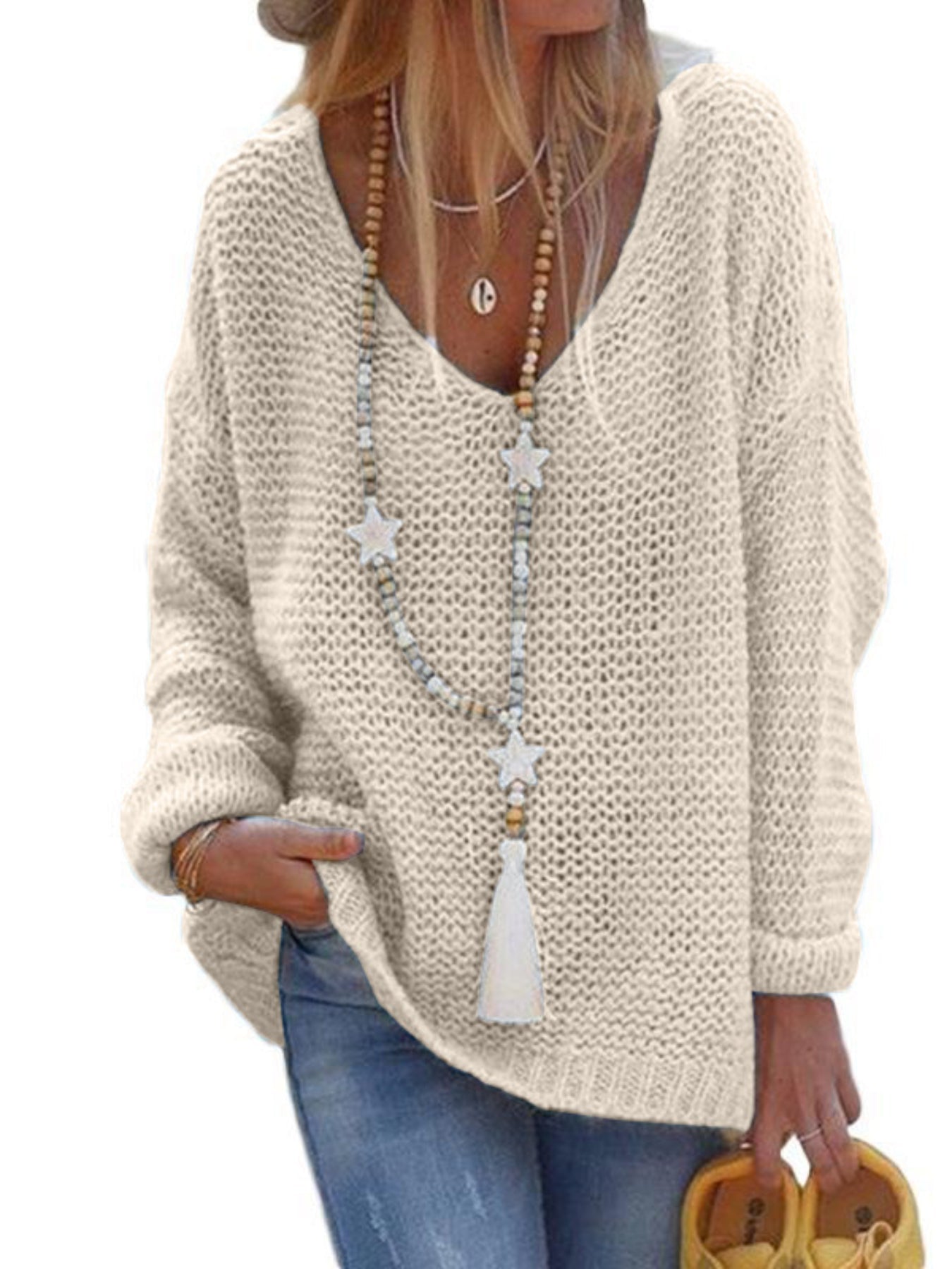 Solid V Neck Knitted Pullover Sweater, Casual Long Sleeve Sweater