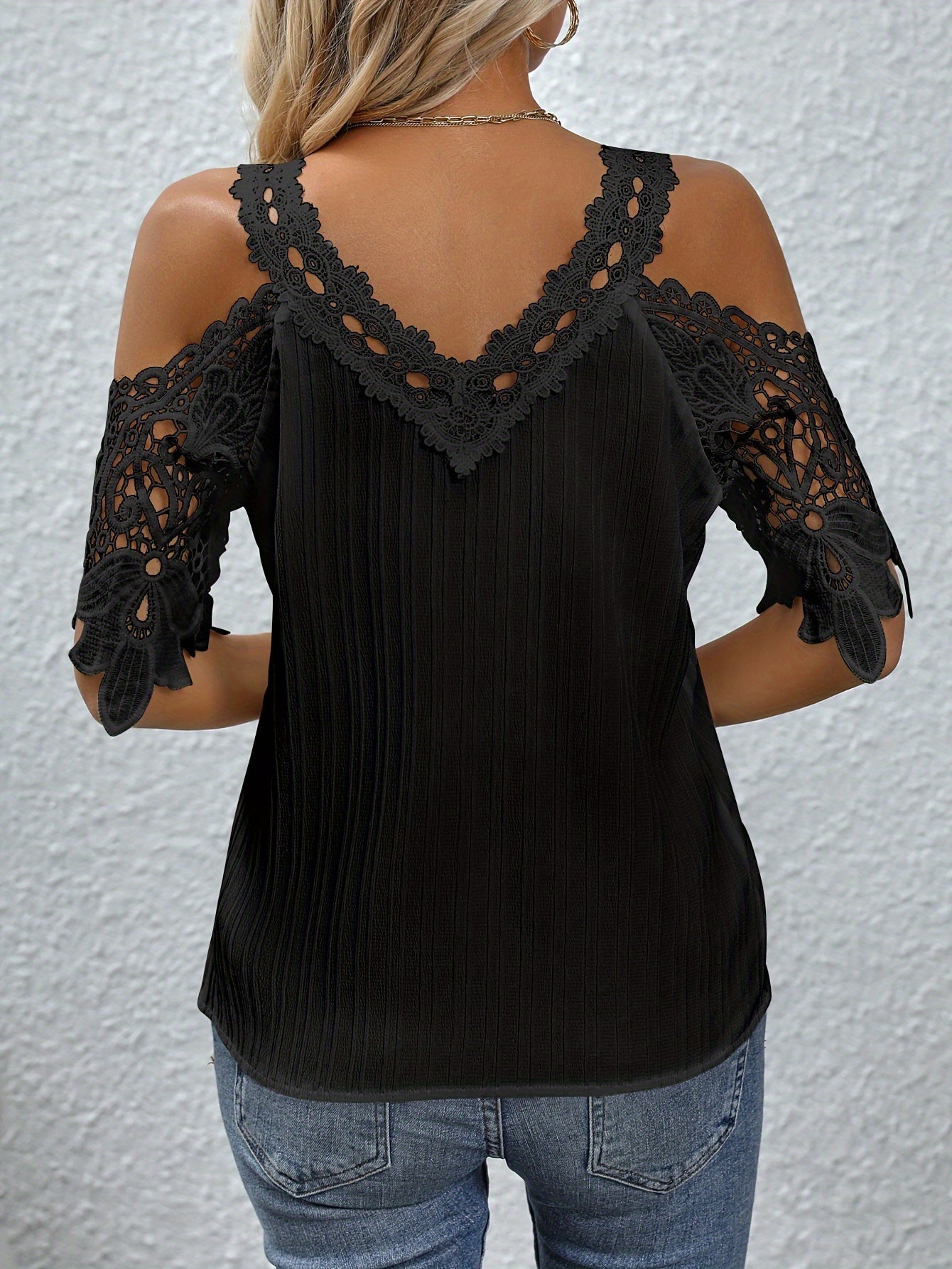 Contrast Lace Cold Shoulder Blouse, Elegant V Neck Solid Short Sleeve Blouse