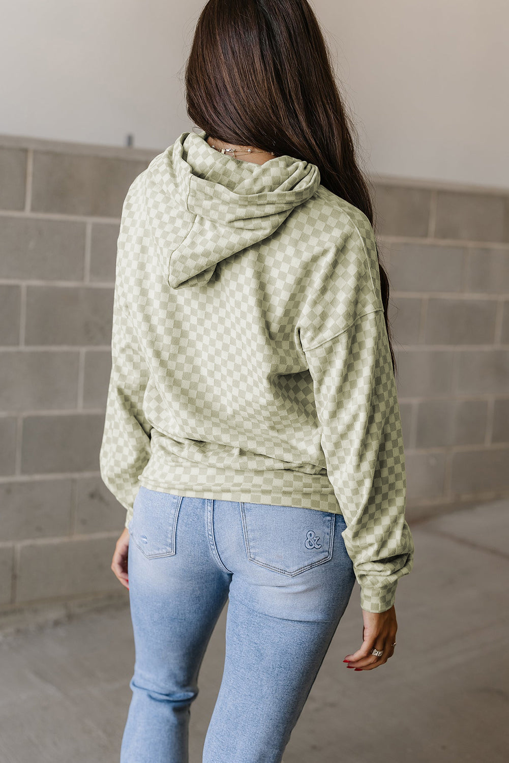 Green Checkered Print Kangaroo Pocket Drawstring Hoodie