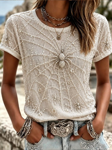 100% Cotton Casual Spider Graphic Printing Crew Neck Short Sleeve T-shirt
