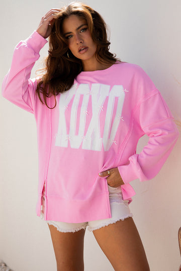 Pink Bow Sequin XOXO Letter Graphic Exposed Seam Baggy Sweatshirt