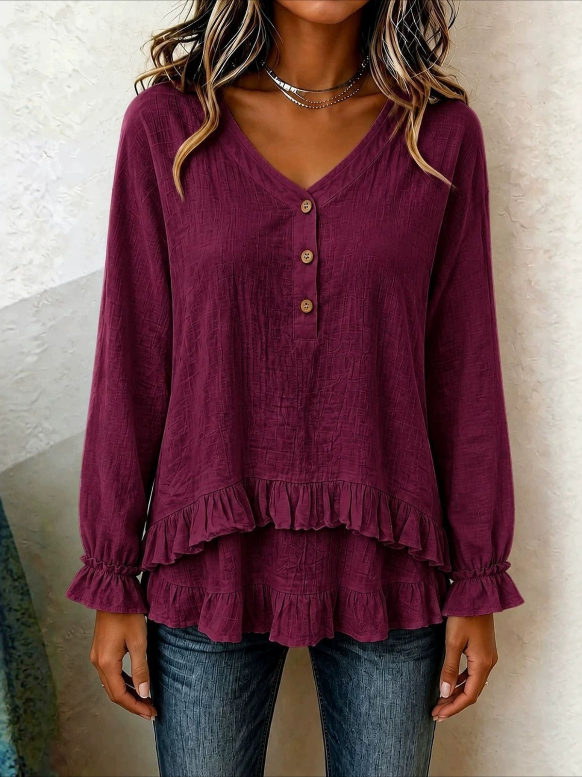 V-Neck Button Detail Long Sleeve Ruffle Hem Blouse