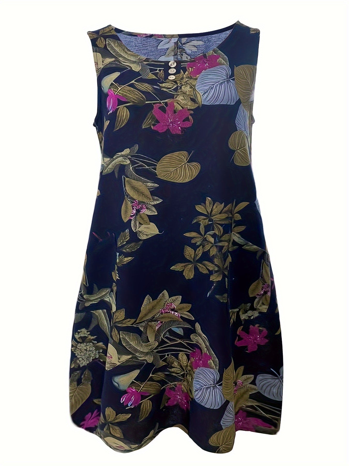 Floral Print Tank Dress, Vintage Crew Neck Sleeveless Dress