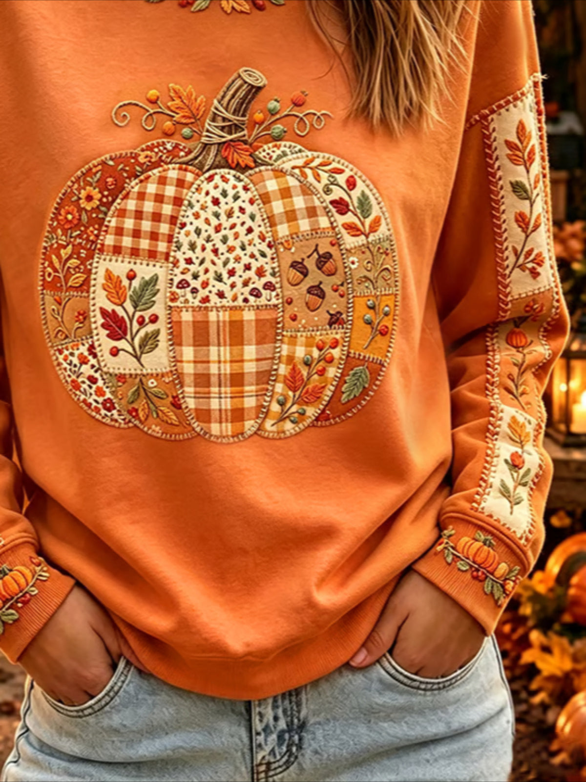 Orange Maple Leaf Printing Crew Neck Long Sleeve T-shirt