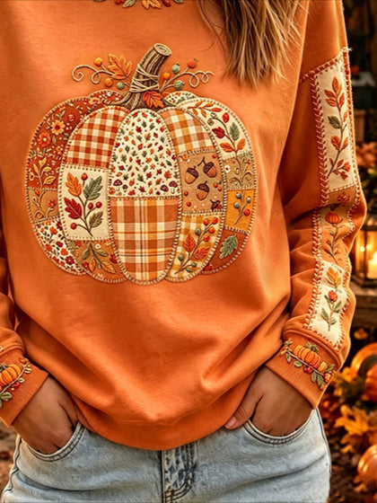 Orange Maple Leaf Printing Crew Neck Long Sleeve T-shirt