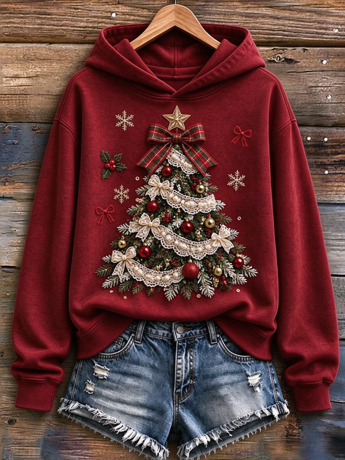 Christmas Tree Bow Print Fleece Hooded Sweater