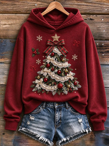 Christmas Tree Bow Print Fleece Hooded Sweater