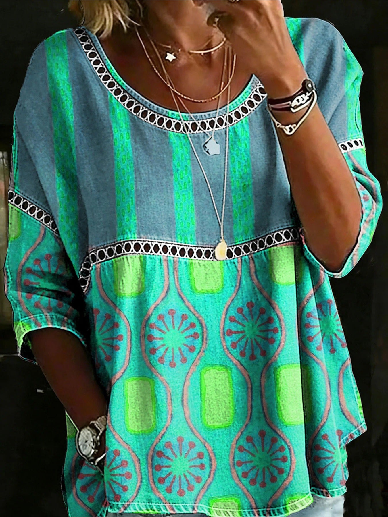 Flower Printed Mid Sleeve Pleated Round Neck Top