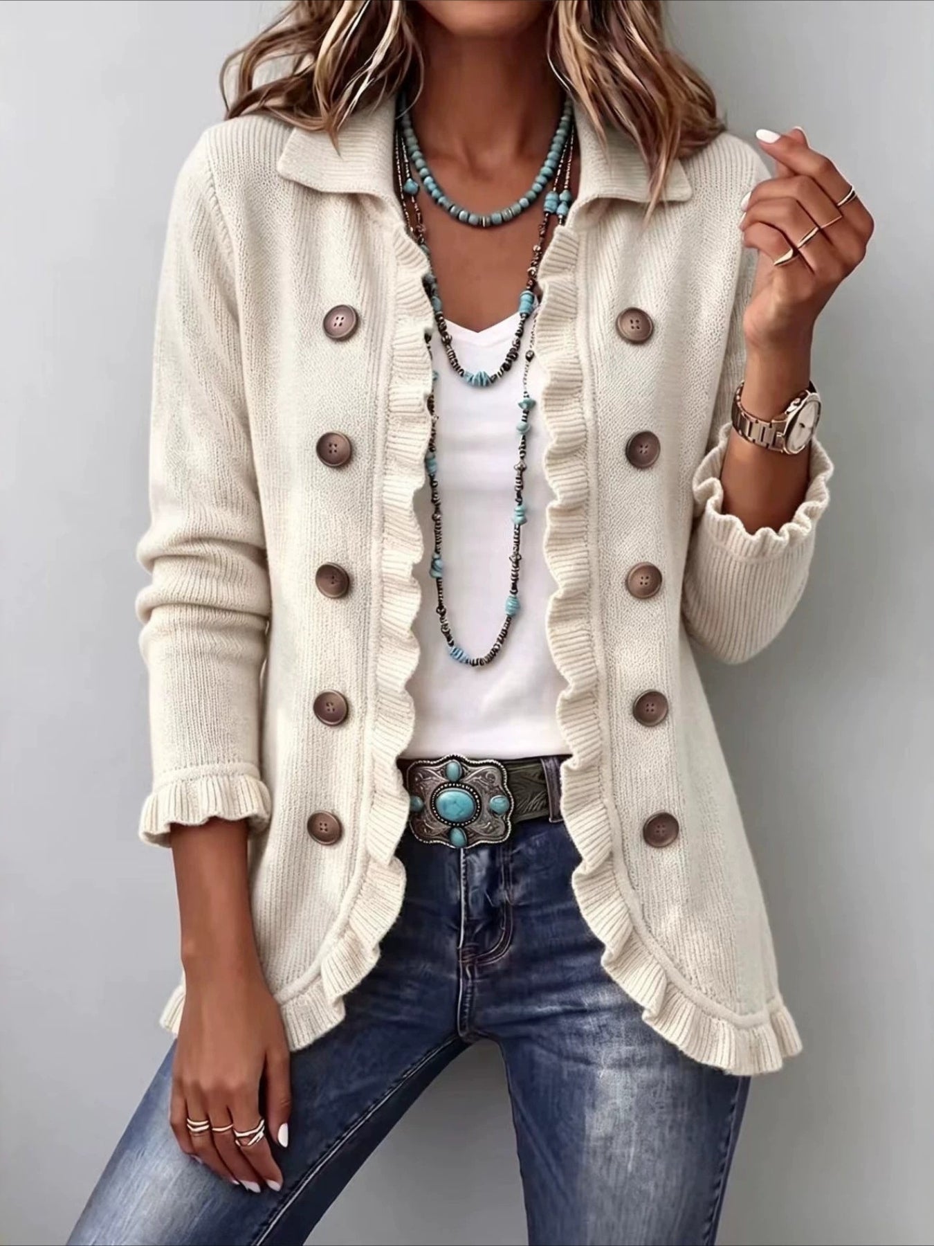 Solid Color Long Sleeve Ruffle Edge Button-knitted Cardigan