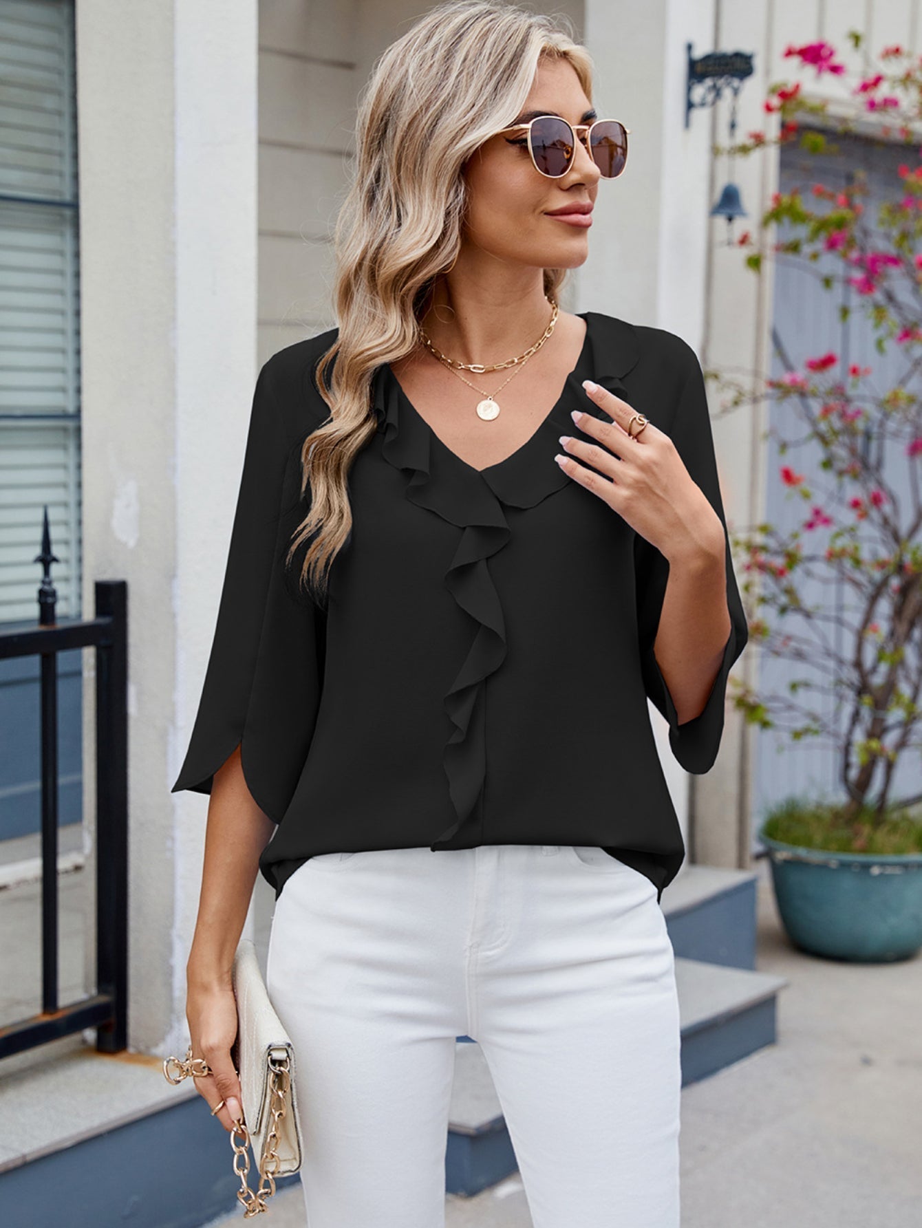 Tooluck Womens Dressy Casual Blouses 3/4 Sleeve V Neck Ruffle Tops