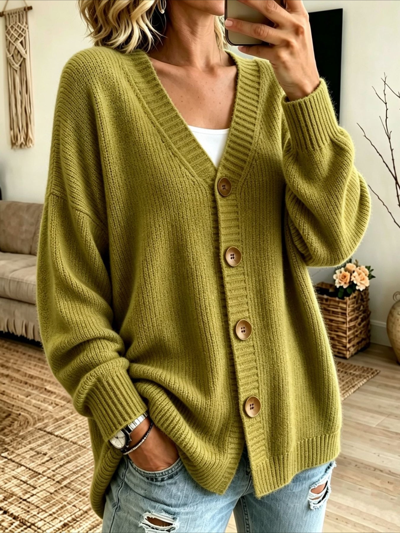 Solid Color Button V Neck Knitted Cardigan Sweater