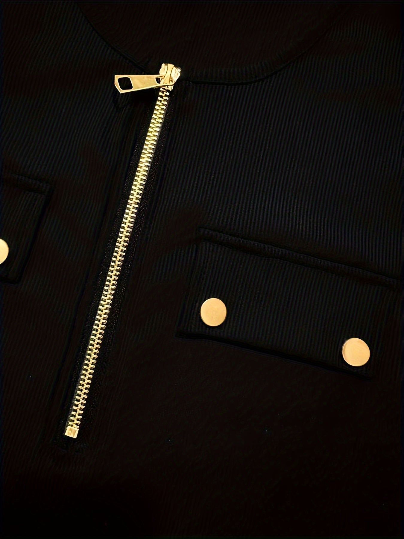 Solid Ribbed Zipper Front T-Shirt, Casual Long Sleeve T-Shirt