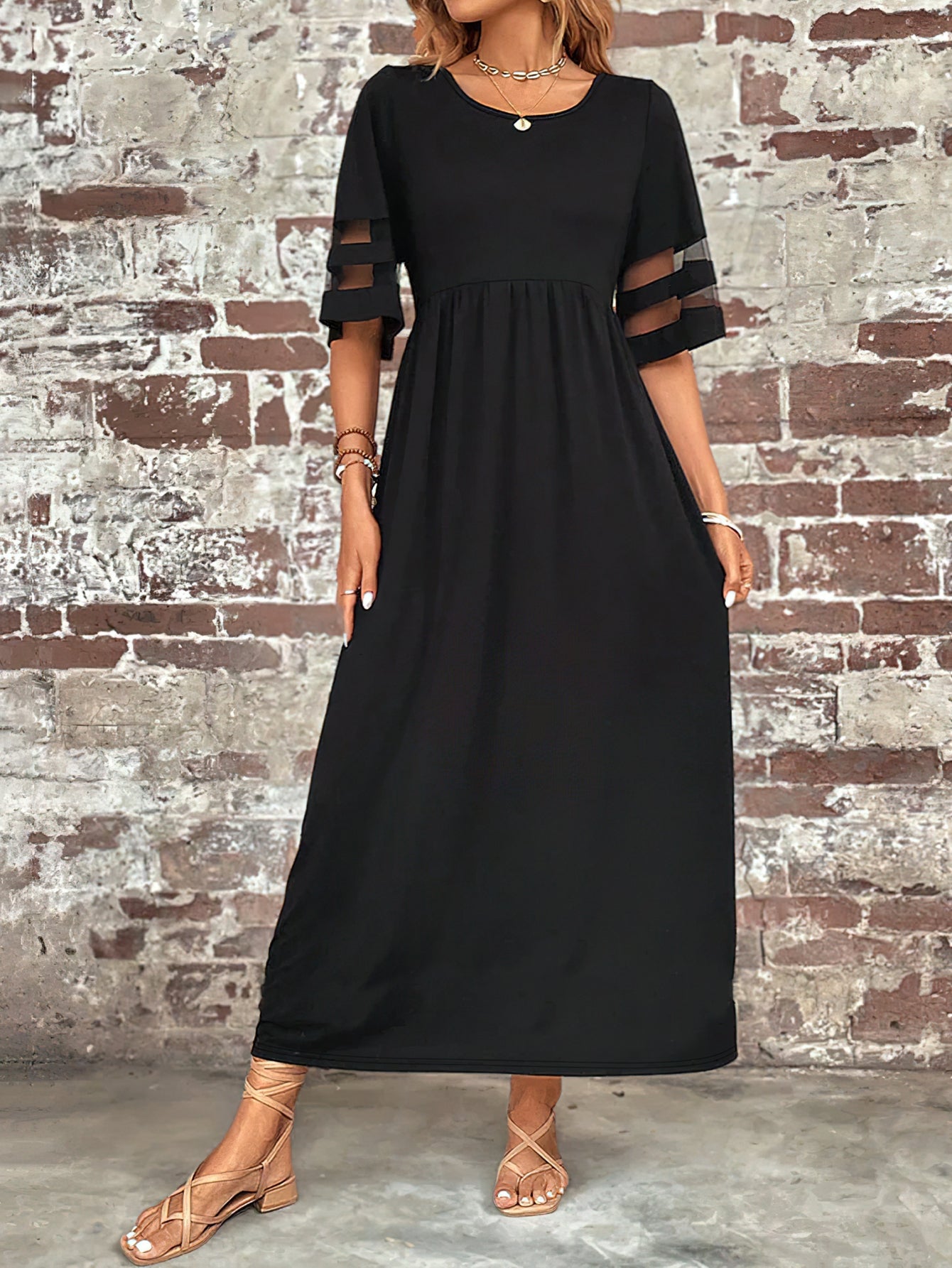 Elegant Crew Neck Solid Color Slimming Mesh Panel Maxi Dress