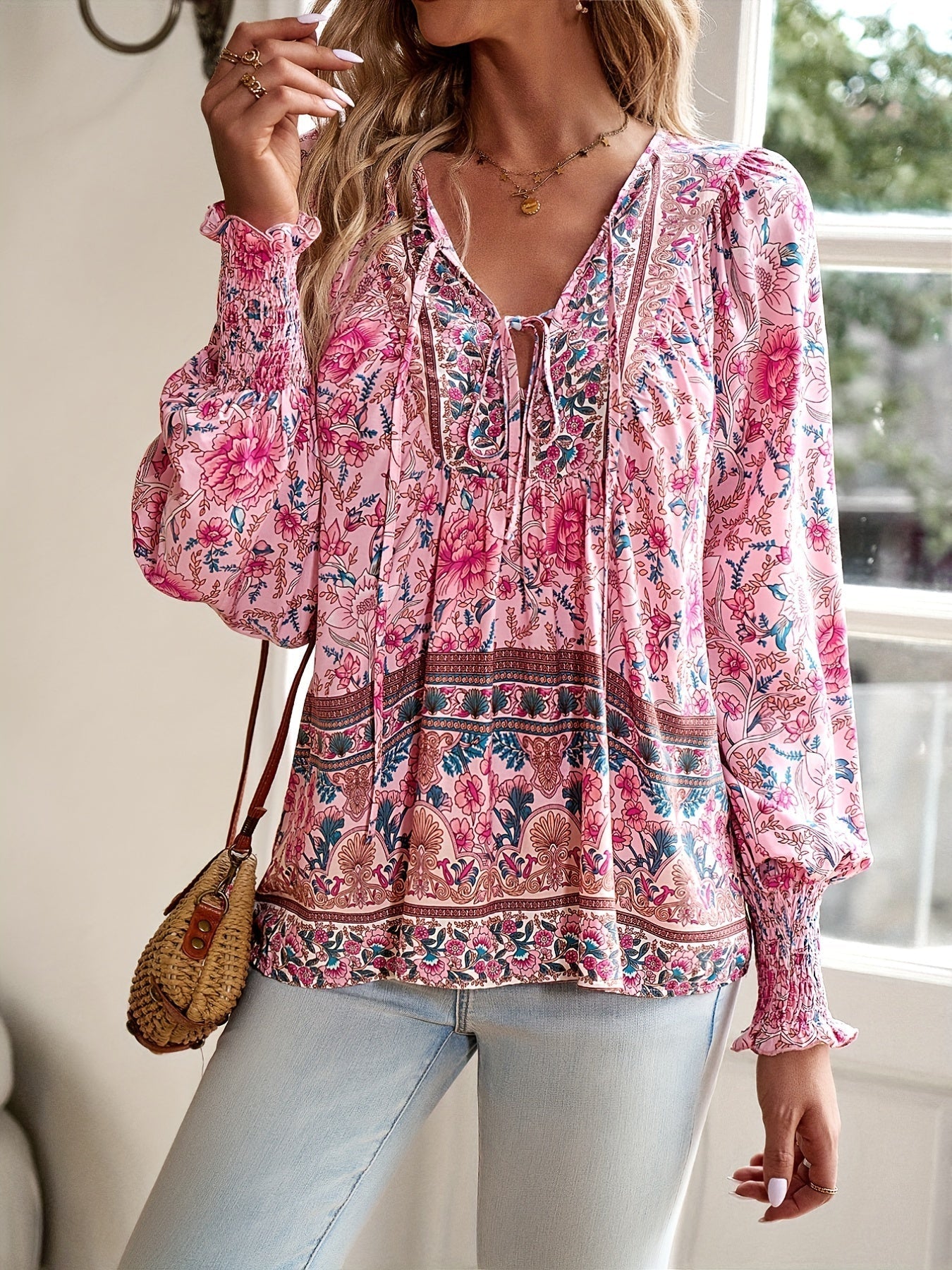Drawstring Long Sleeve Casual Floral Print V Neck Blouse