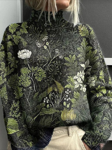 Floral Printing Spring/Fall Vintage Long Sleeve Turtleneck Sweater