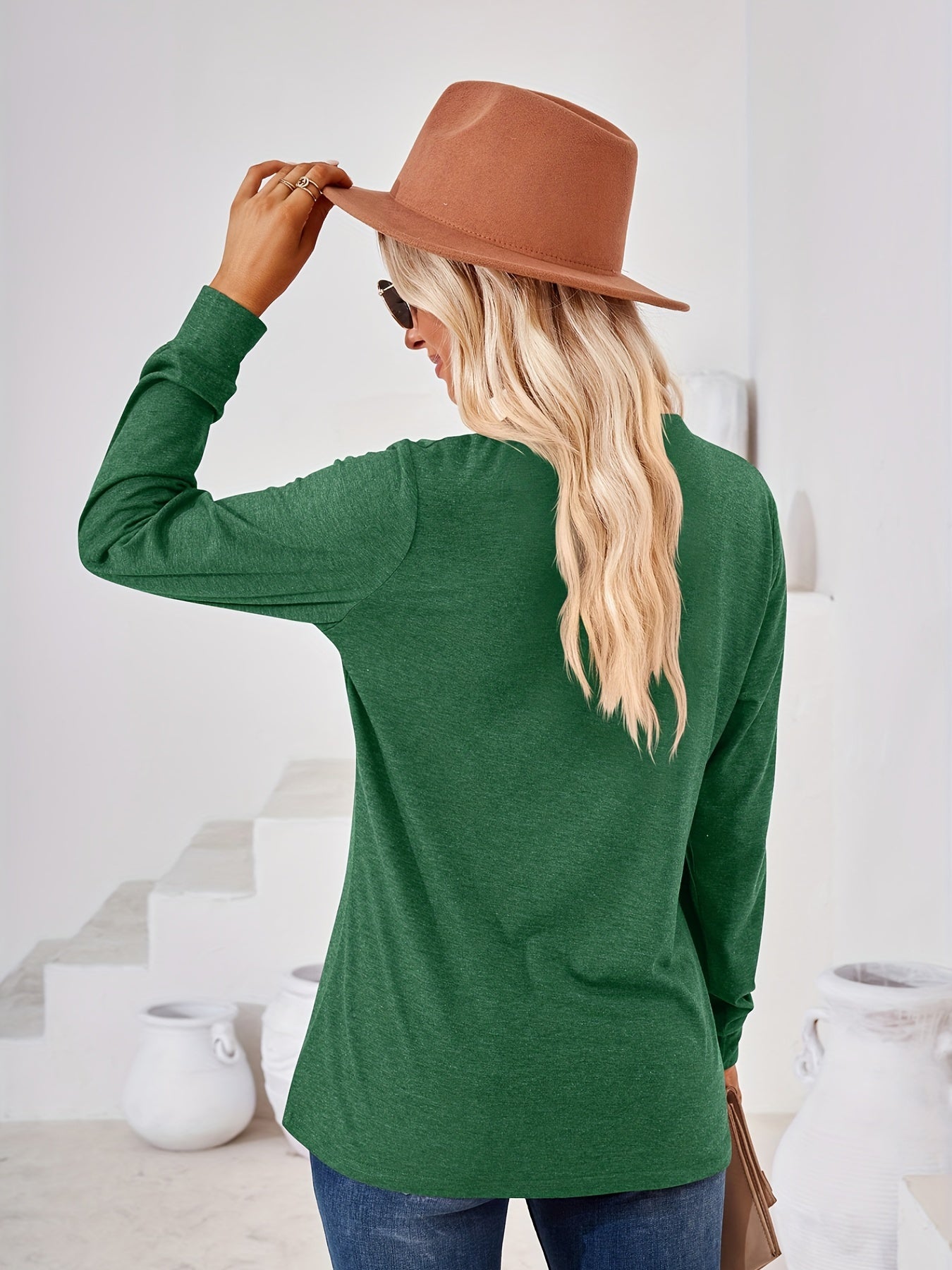 Solid Long Sleeve Button Decor Notched Neck Slight Stretch Tee