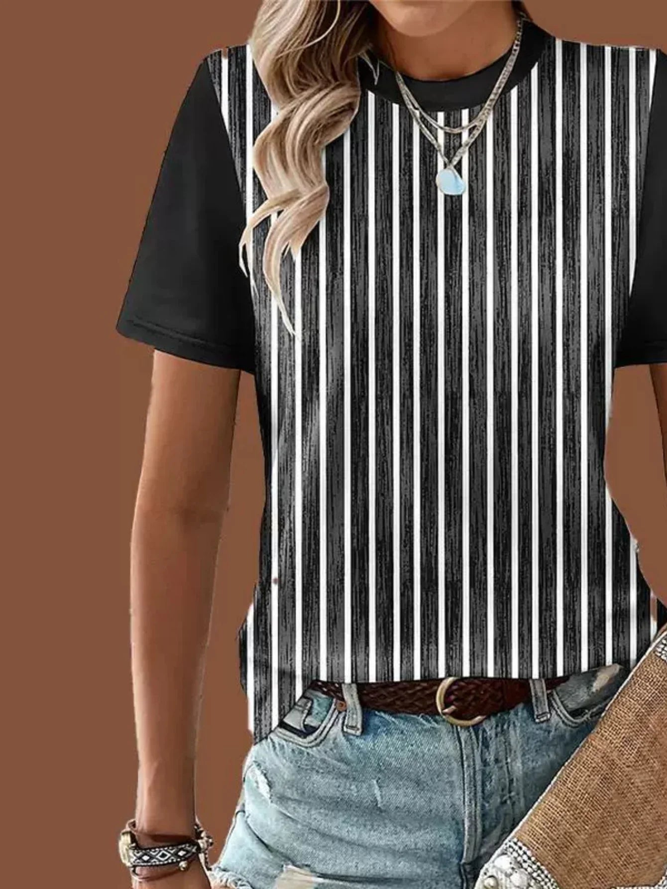 Casual Patchwork Pattern Round Neck Short Sleeve Loose Women T-Shirt