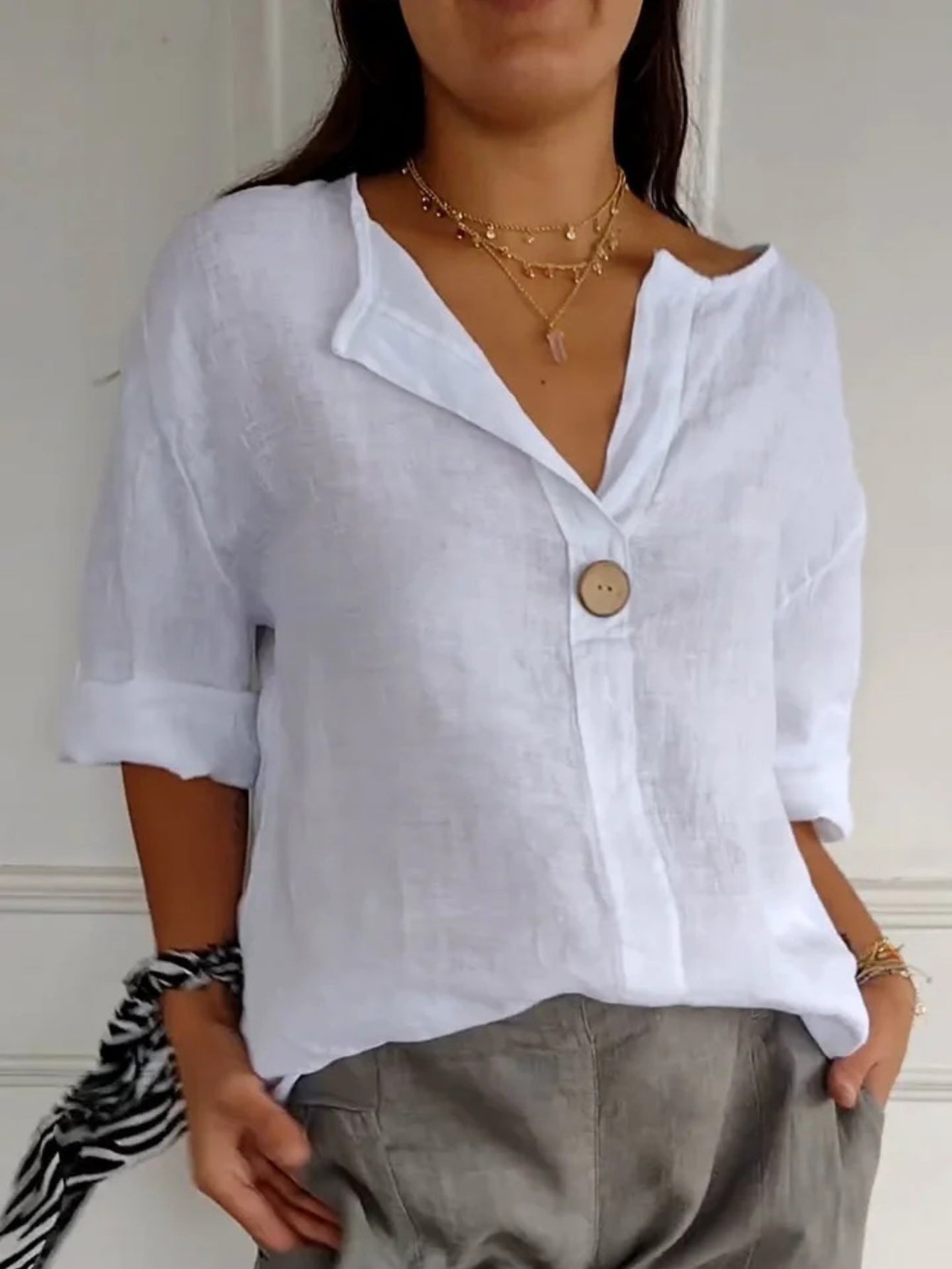 V Neck Three Quarter Sleeve Plain Buttoned Regular Loose Blouse