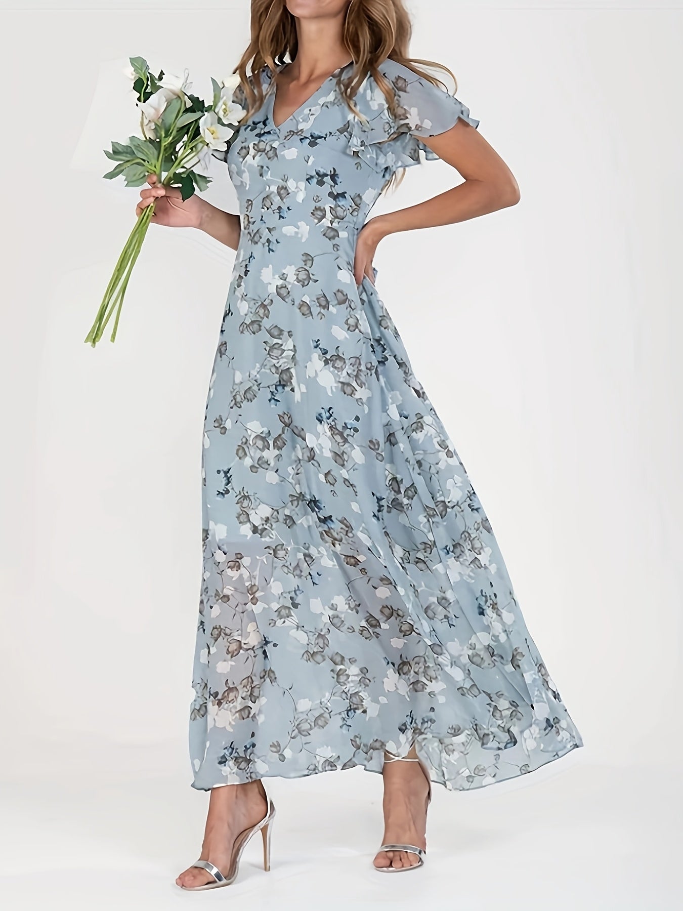 Elegant Floral Print V-Neck Maxi Dress
