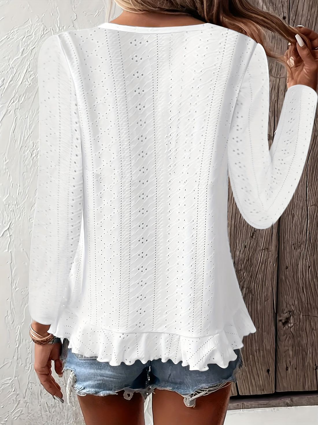 Stylish Asymmetrical Ruffle Hem Long Sleeve Top - Elegant Embroidered Solid Clothing