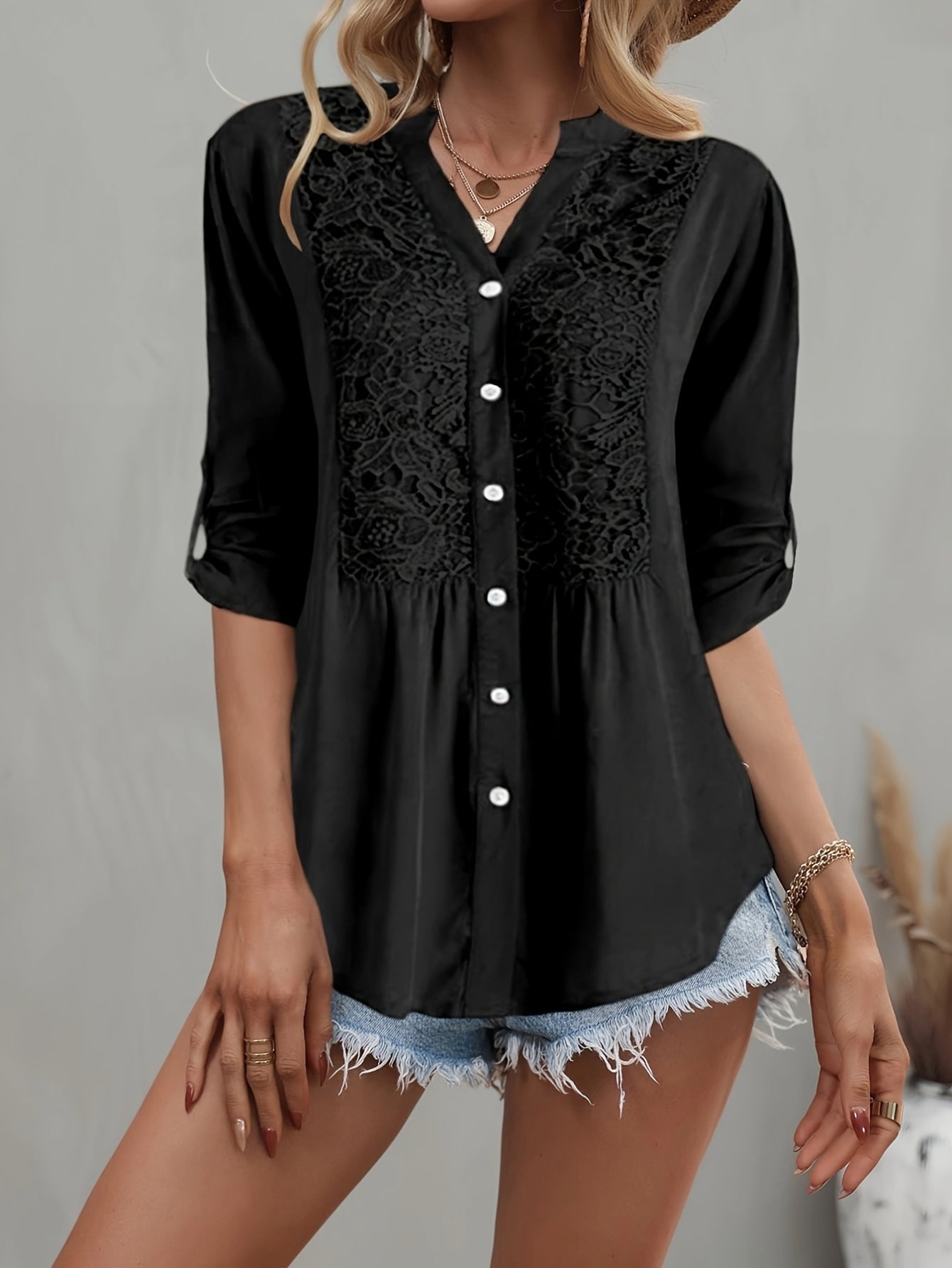 Vintage Lace Splicing Button Front Blouse - Half Sleeve Notched Neck Top