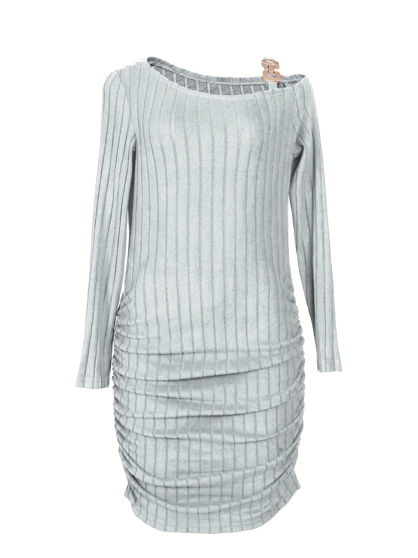 Ribbed Slanted Shoulder Chain Dress, Casual Solid Long Sleeve Bodycon Dress