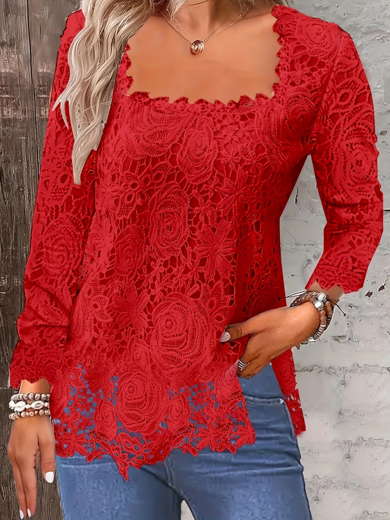 Solid Square Neck Lace T-Shirt, Casual Long Sleeve T-Shirt For Spring