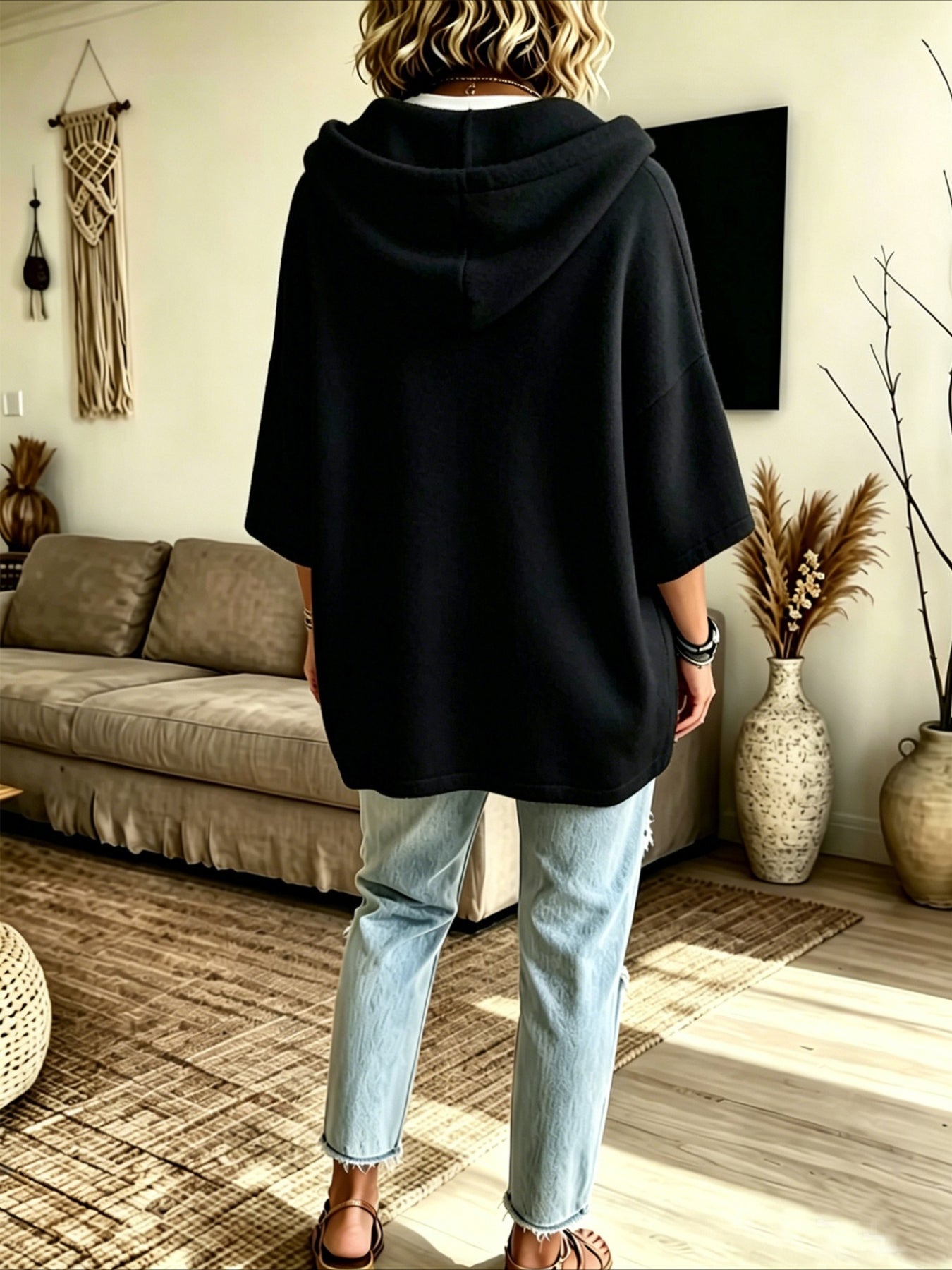 Loose 3/4 Sleeve Hooded Drawstring Bat-sleeved Sweatshirt