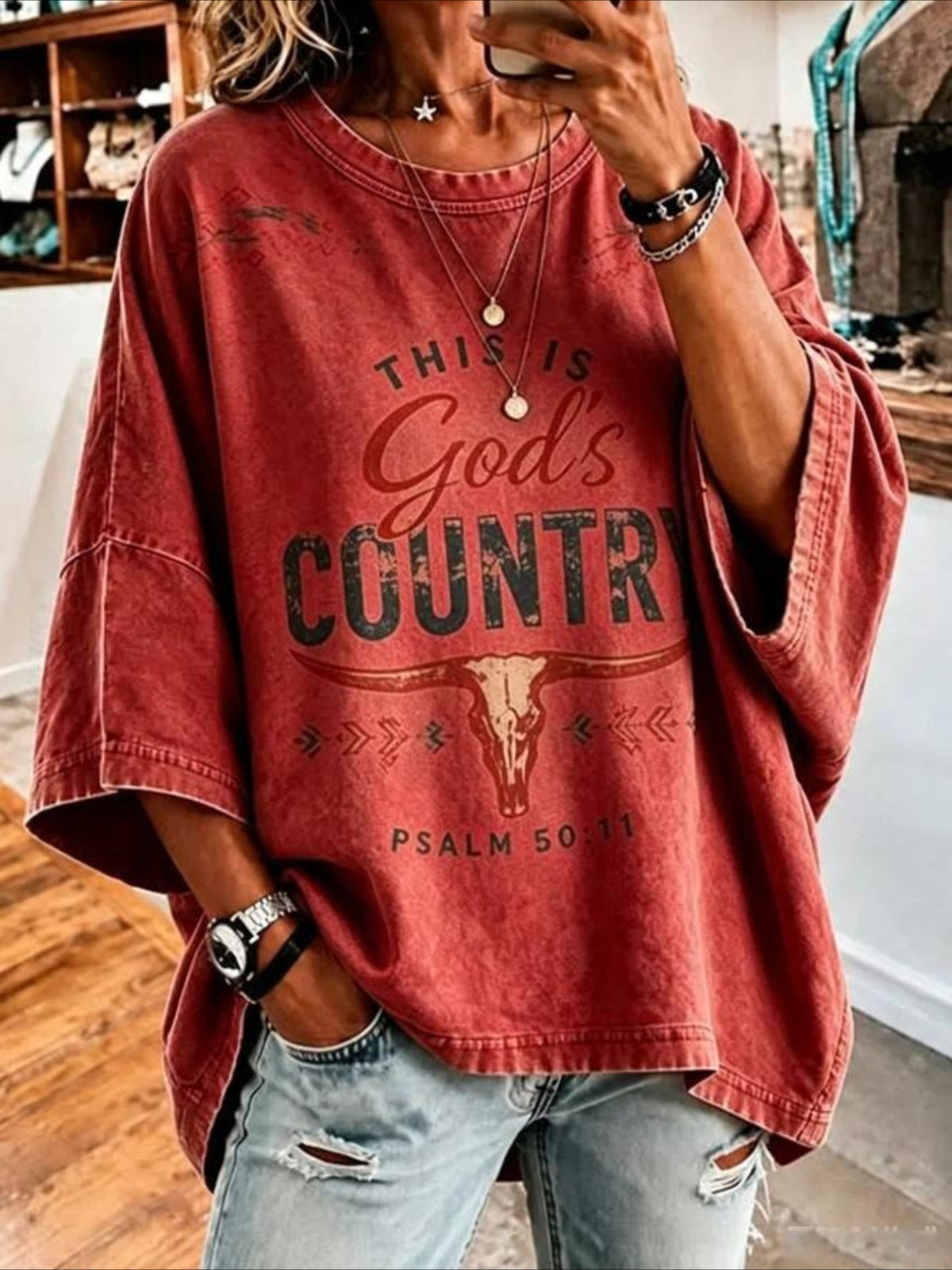 Text Letters Seven-quarter Sleeves Casual T-shirt