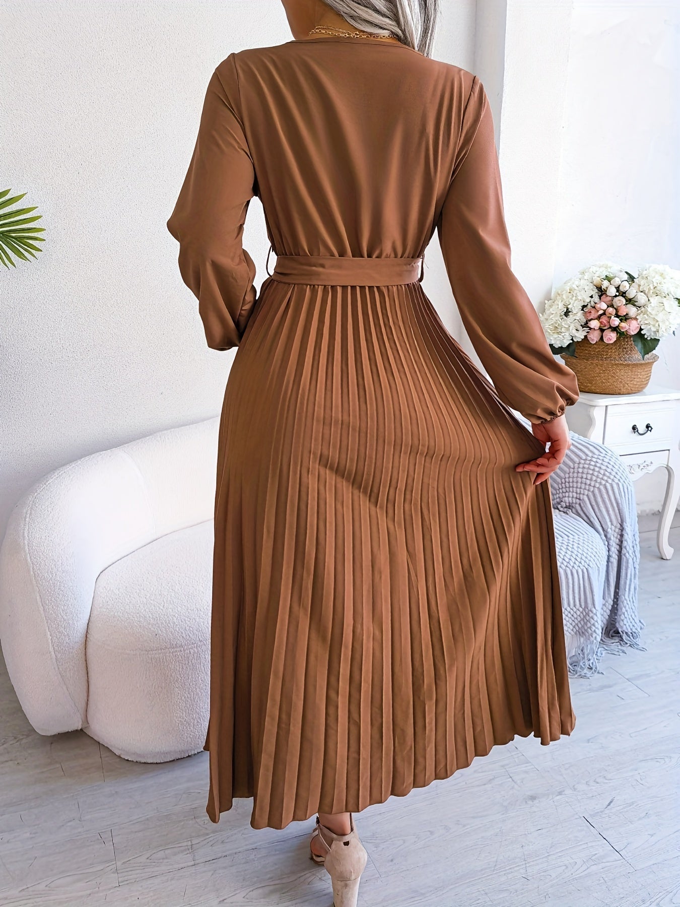 Pleated Surplice Neck Dress, Elegant Long Sleeve Solid Dress, Women's Clothing