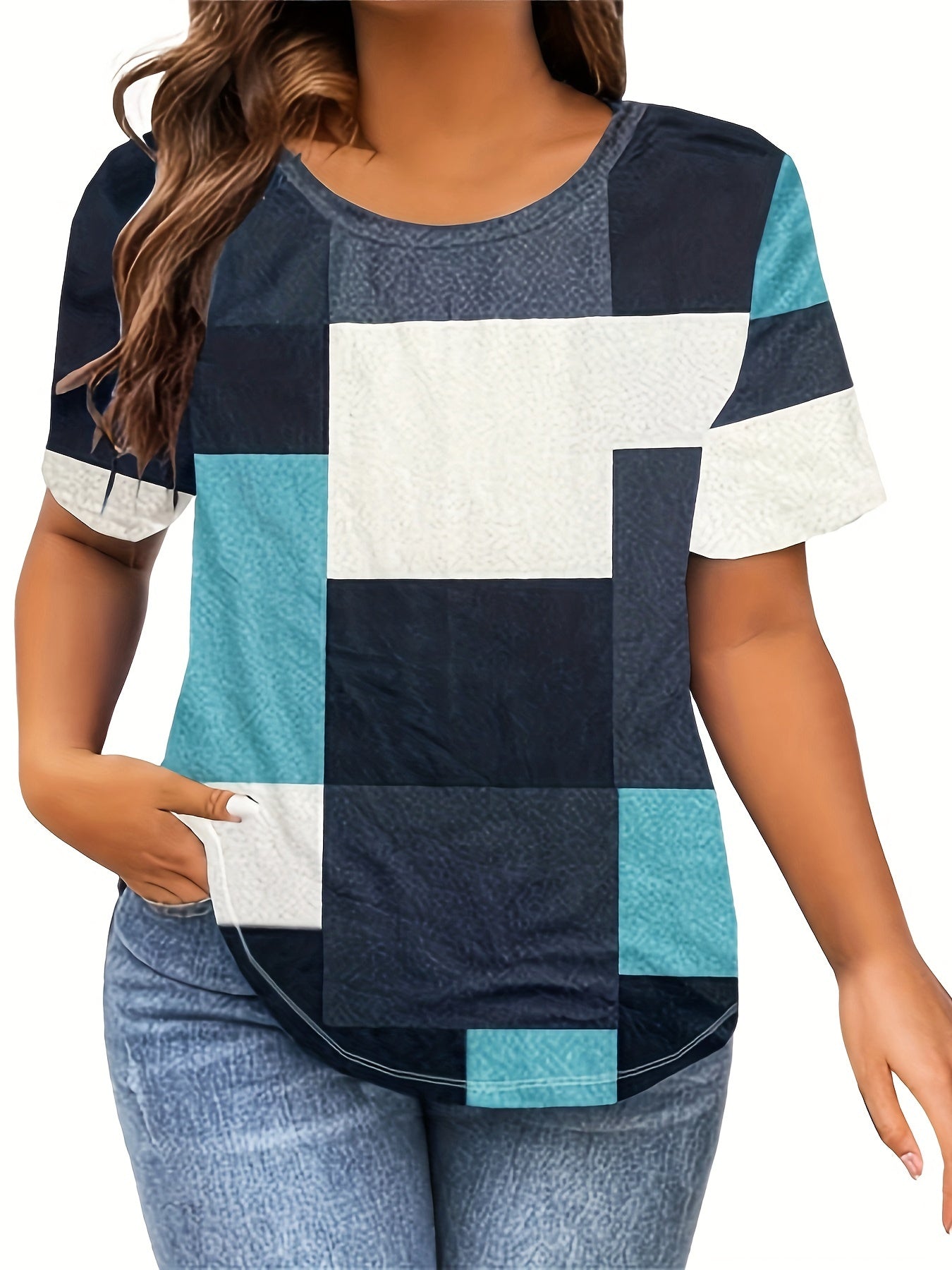 Color Block Print T-shirt, Casual Crew Neck Short Sleeve Top